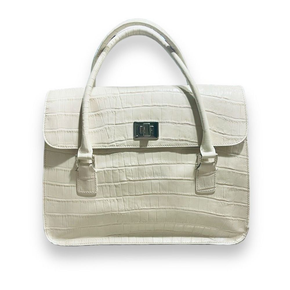 Vintage Bloomingdales Faux Croc Leather Satchel Handbag Double Handles Cream
